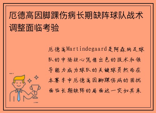 厄德高因脚踝伤病长期缺阵球队战术调整面临考验