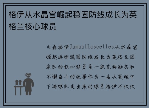 格伊从水晶宫崛起稳固防线成长为英格兰核心球员